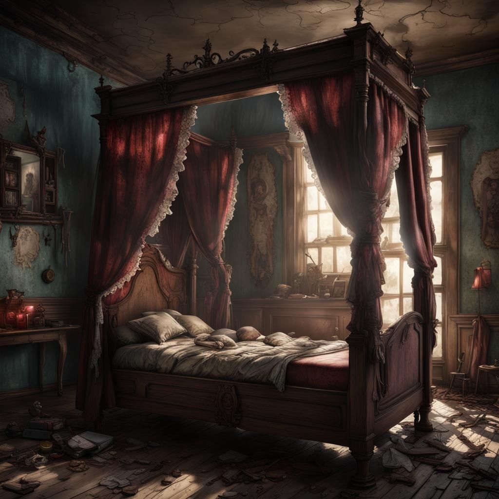 Creepy Abandoned Bedroom with Broken Dolls, Matte Painting