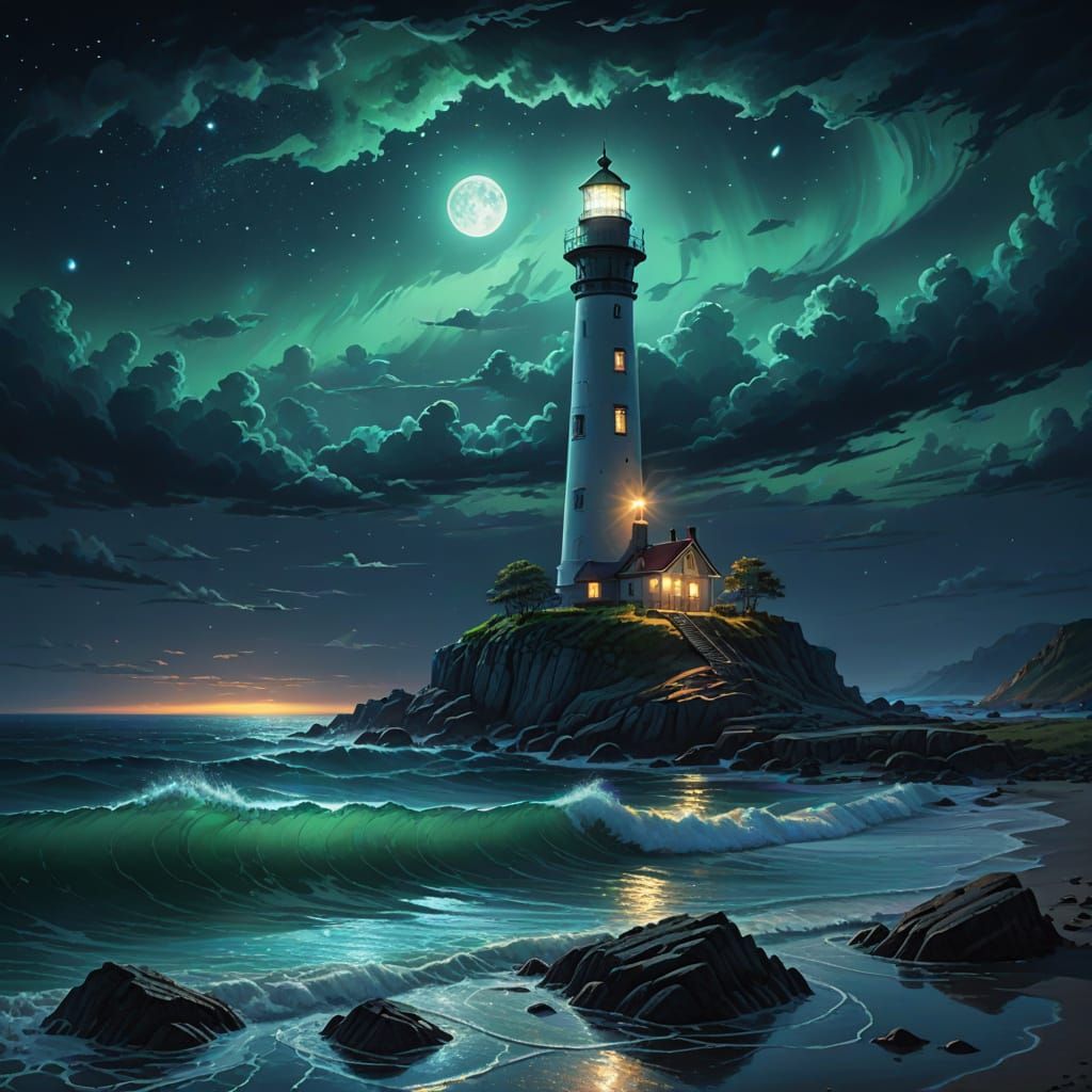 Ethereal Sea Glass Lighthouse Radiates Magical Glow