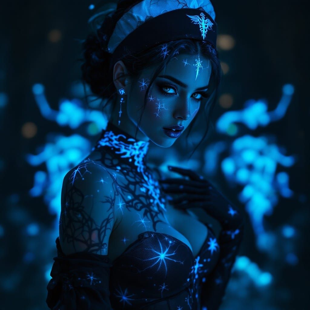 Gothic Fantasy Nurse in Azure Spider Web Scrubs