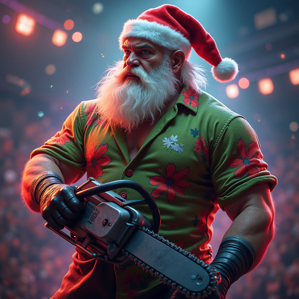 Pro Wrestler Santa with Chainsaw in Comic Style