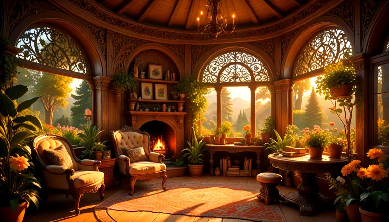 Cozy Rustic Study in Ornate Carved Rotunda