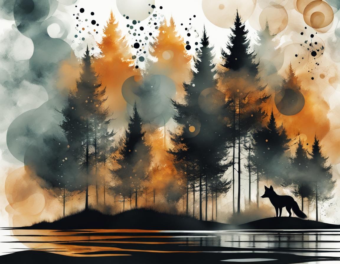 Abstract Fox Portrait in Digital Ink Art