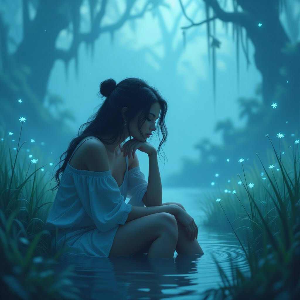 Contemplative Woman in Surreal Dreamscape