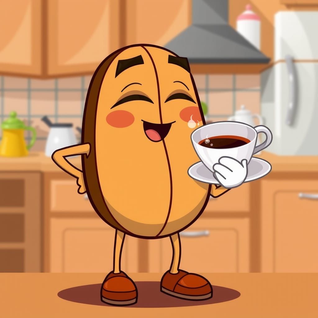 Cartoon illustration of an anthropomorphic coffee bean chara...