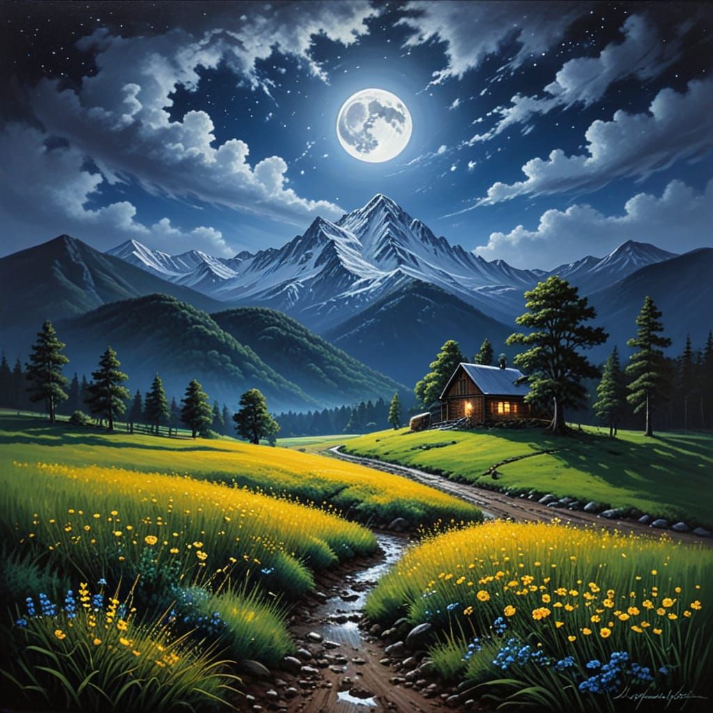 Luminous Mountain Landscape in Moonlit Serenity