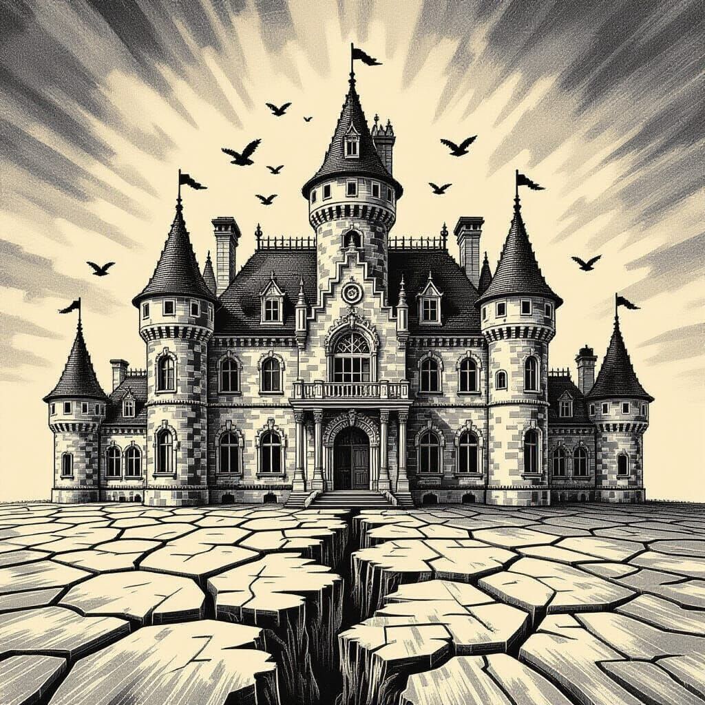 Pixelated Palace with Woodcut Details