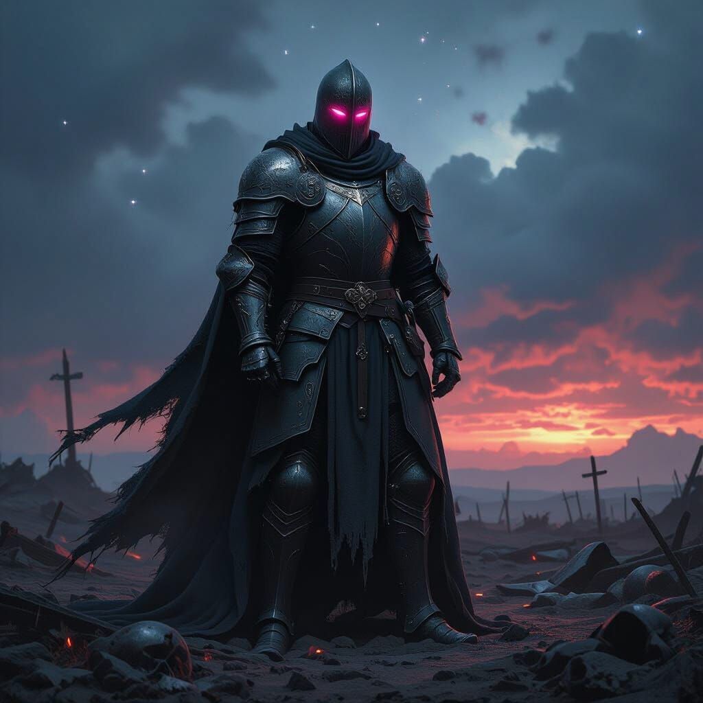 Lone Knight on Desolate Battlefield With Glowing Pink Eyes