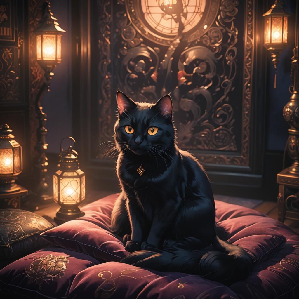 Black Cat in Mystical Anime Room: 3D Art