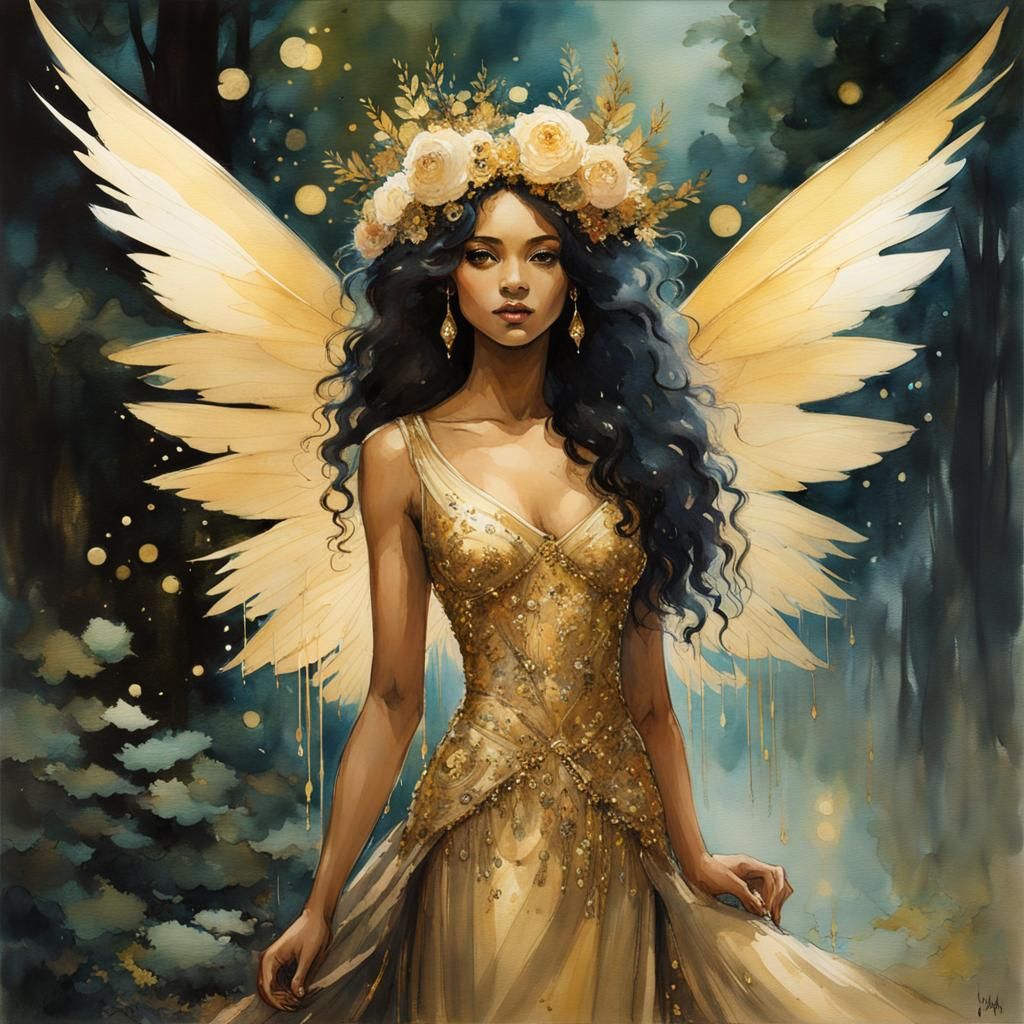 Goddess-Like Fairy with Glittery Wings, Watercolor and Ink