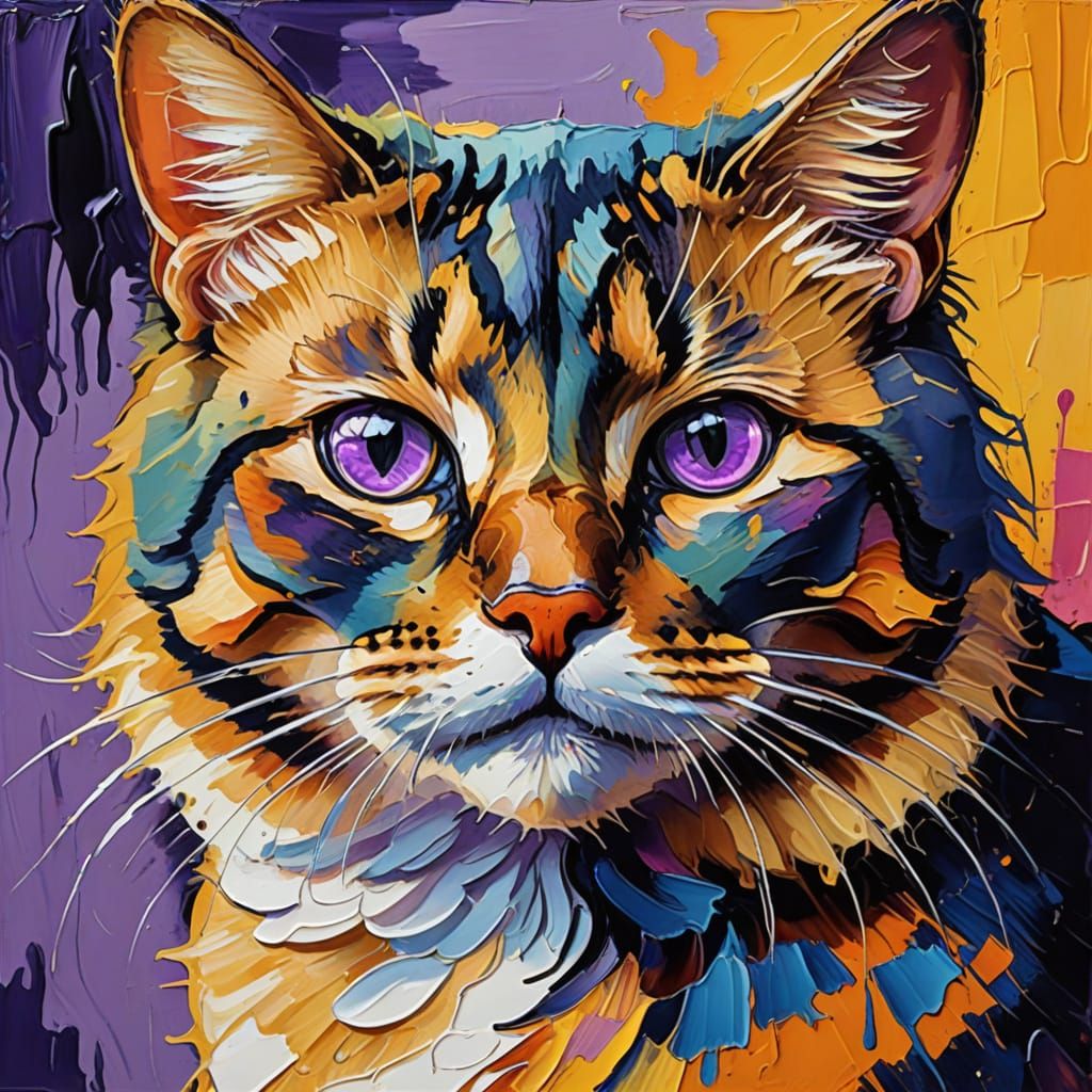 Vibrant Fauvist Cat with Expressive Purple Eyes