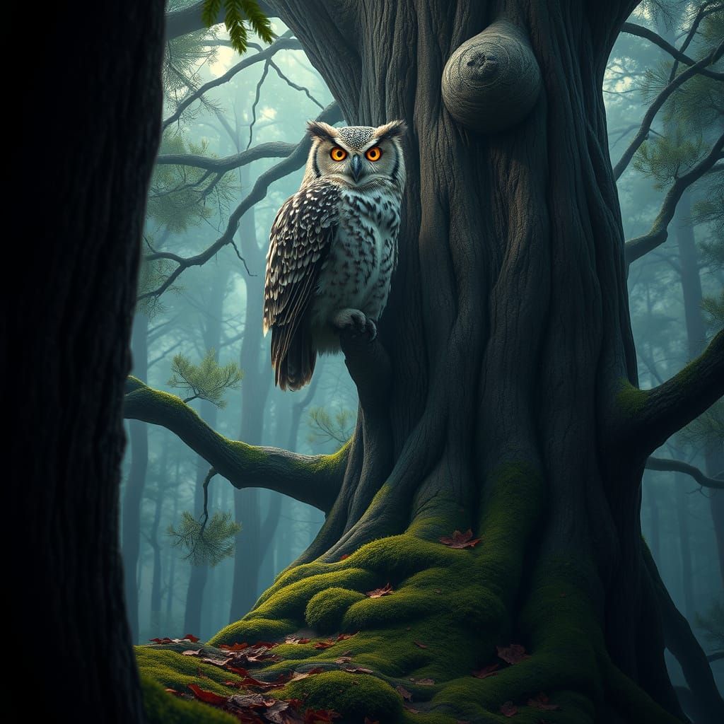 Enchanted Forest Owl in Hyperrealistic Dark Fantasy Style