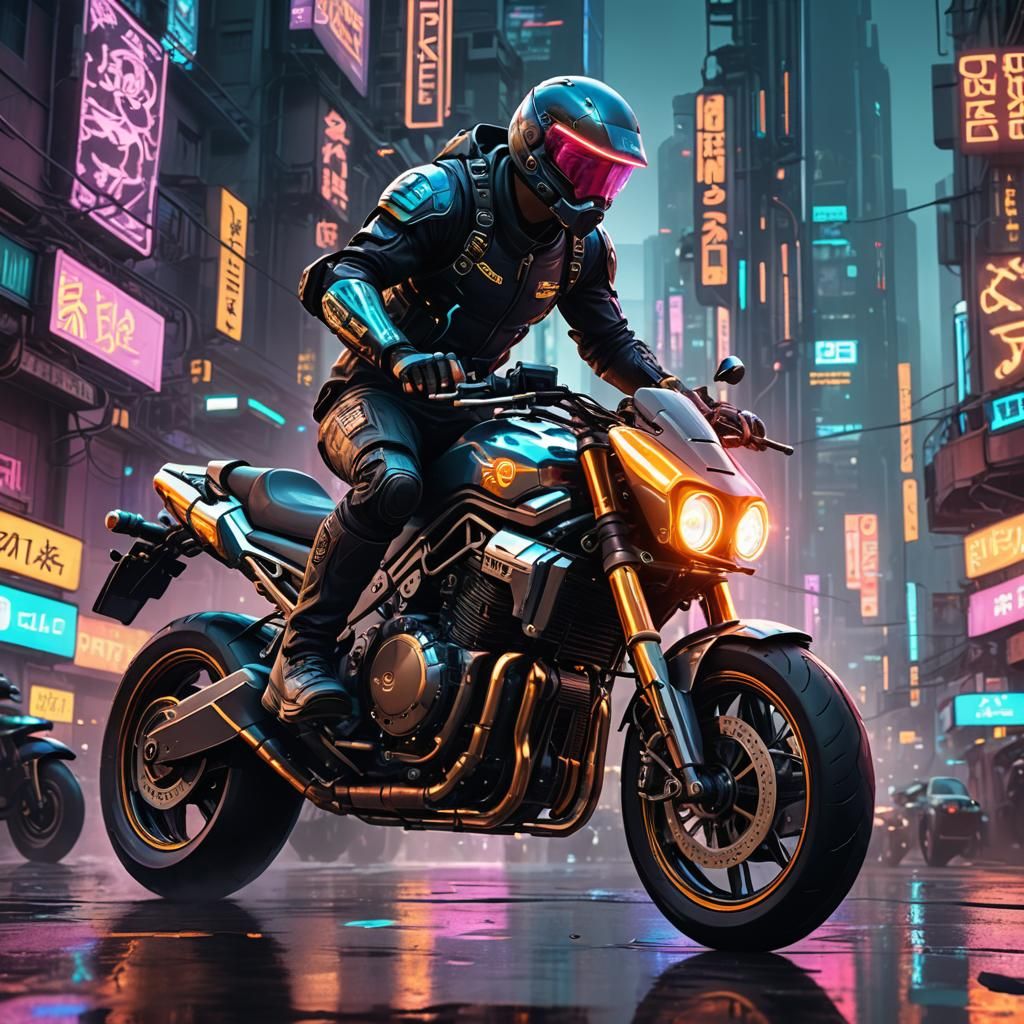 Cyberpunk Rider on Quantum Motorcycle in Utopian City
