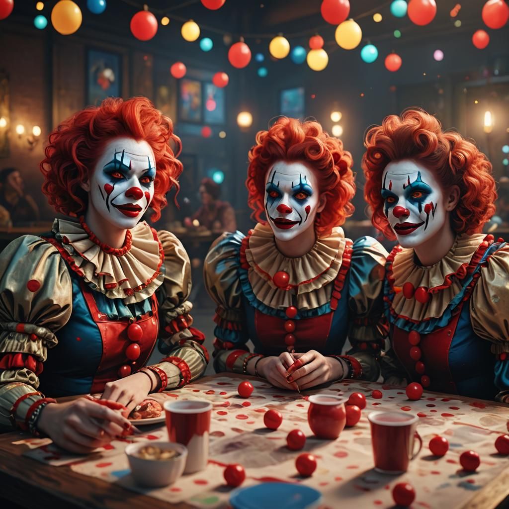 Clown Girls at a Table in Hyper-Realistic 3D