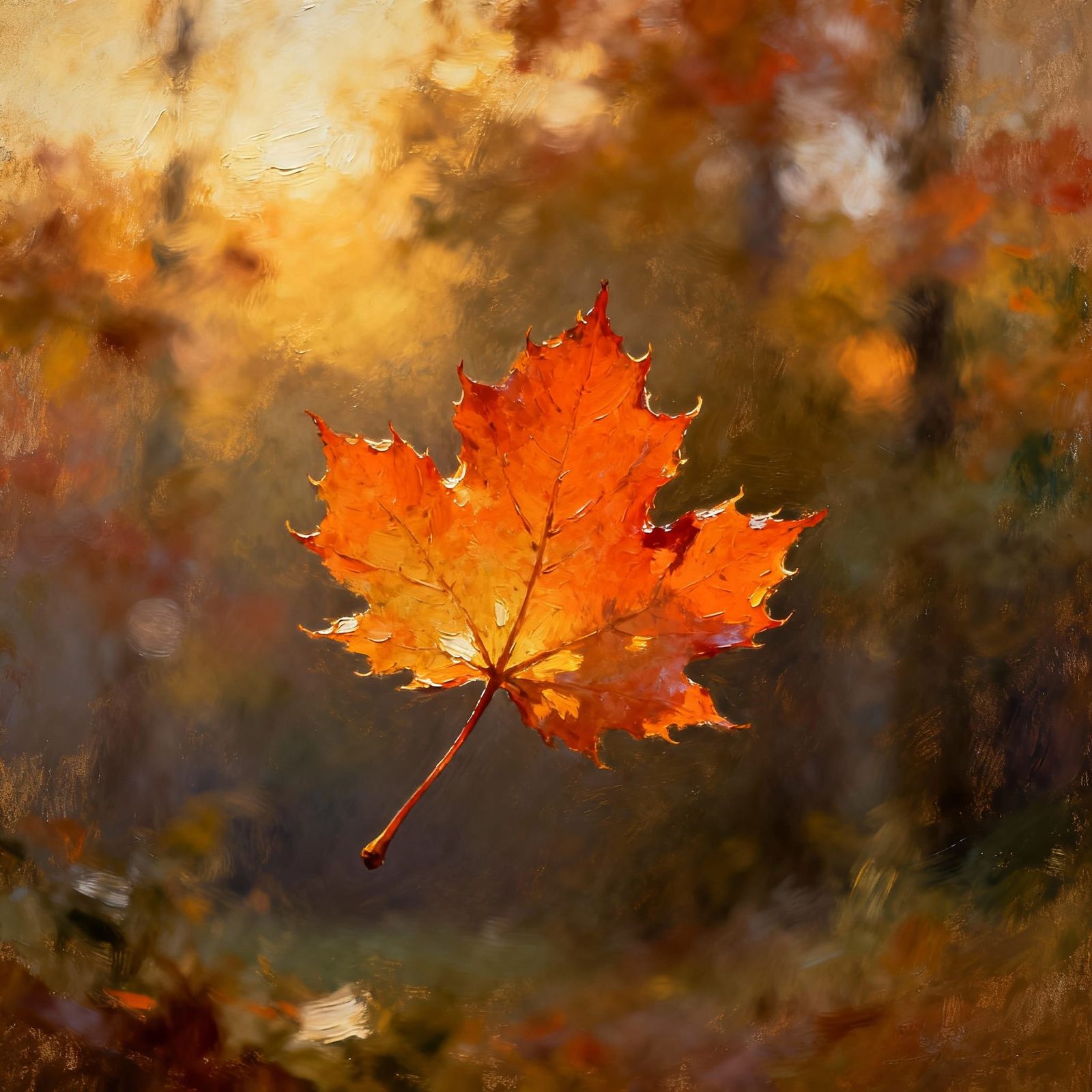 Vibrant Orange Maple Leaf Falling in Autumn Oil Painting