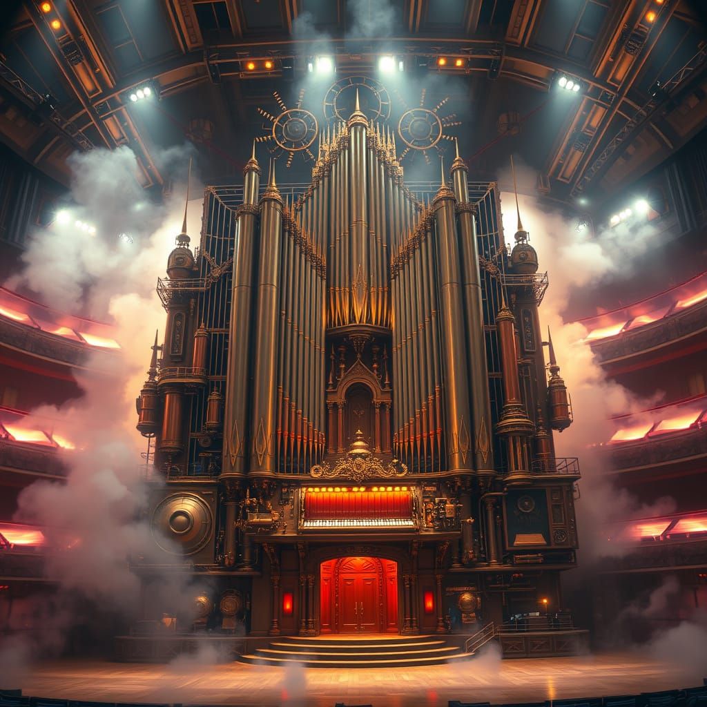 Steampunk Pipe Organ in Futuristic Concert Hall