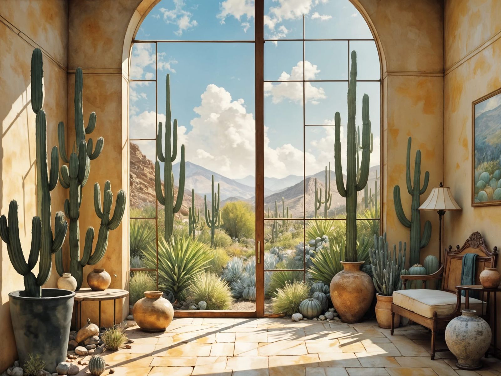 Magic Realism Painting of Room Merging with Cactus Garden