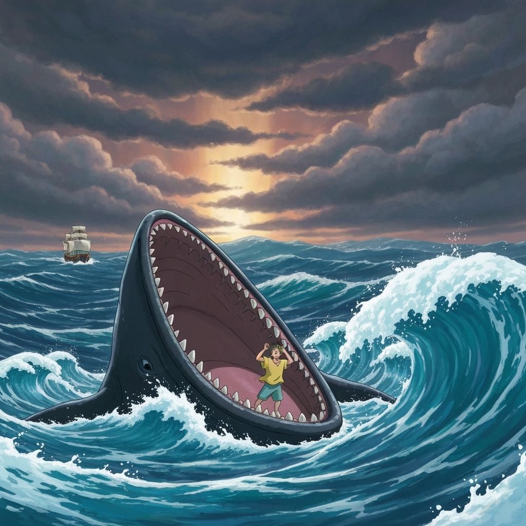 Jonah Engulfed by Giant Whale in Stormy Ocean Anime Style