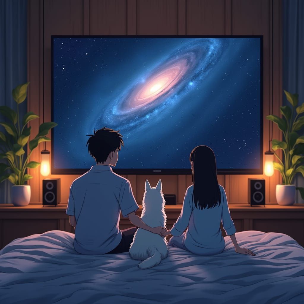 Couple and Dog in Modern Bedroom, Studio Ghibli Style