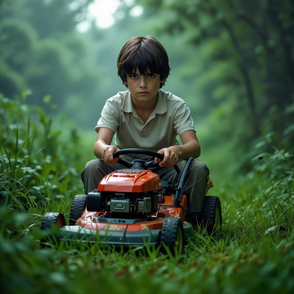 Boy Mows Lawn in Moody Cinematic Scene