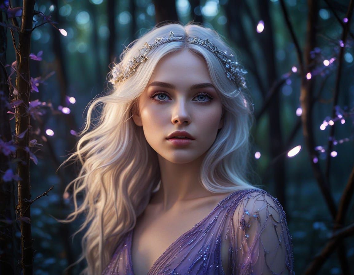 Glowing Goddess in Enchanted Forest Twilight