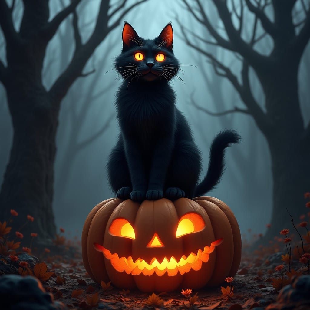 Majestic Black Cat on Jack-o'-Lantern, Halloween Night