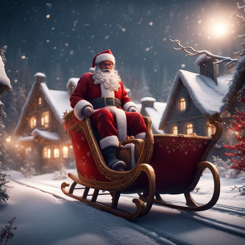 Santa Claus Sleigh Ride Over Village