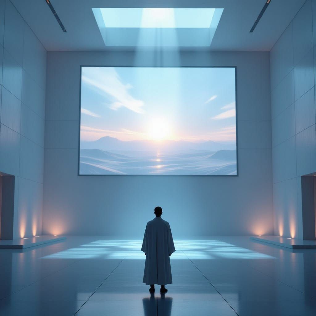 Figure Before Colossal Screen in Minimalist Chamber