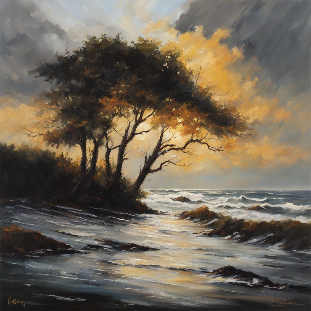 Dramatic Seascape with Trees in Impressionist Style