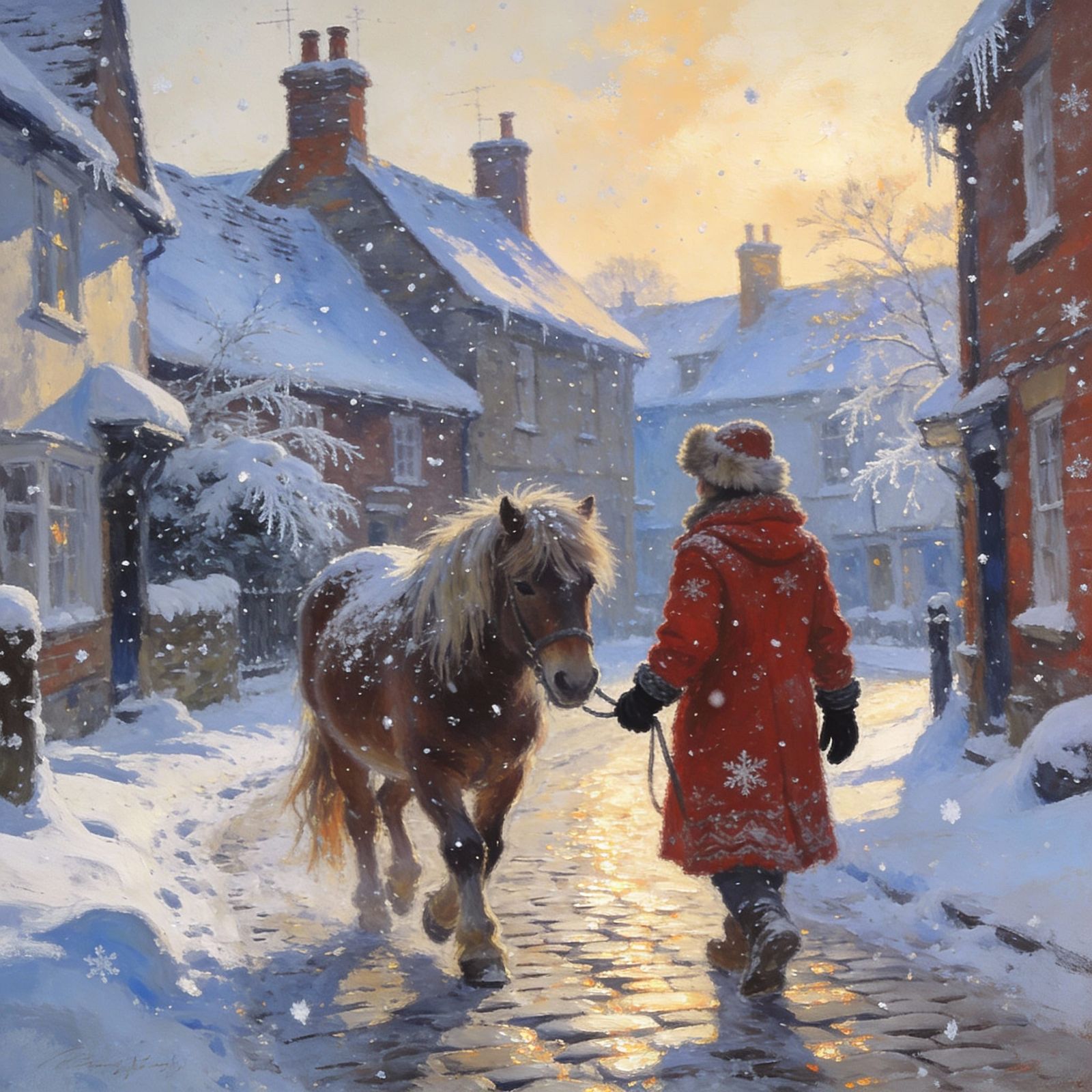 Snowy Cheshire Old Town with Shetland Pony