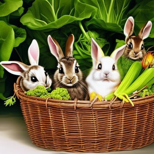 Baby Bunnies in Flower Basket: Hyperrealistic Animal Art