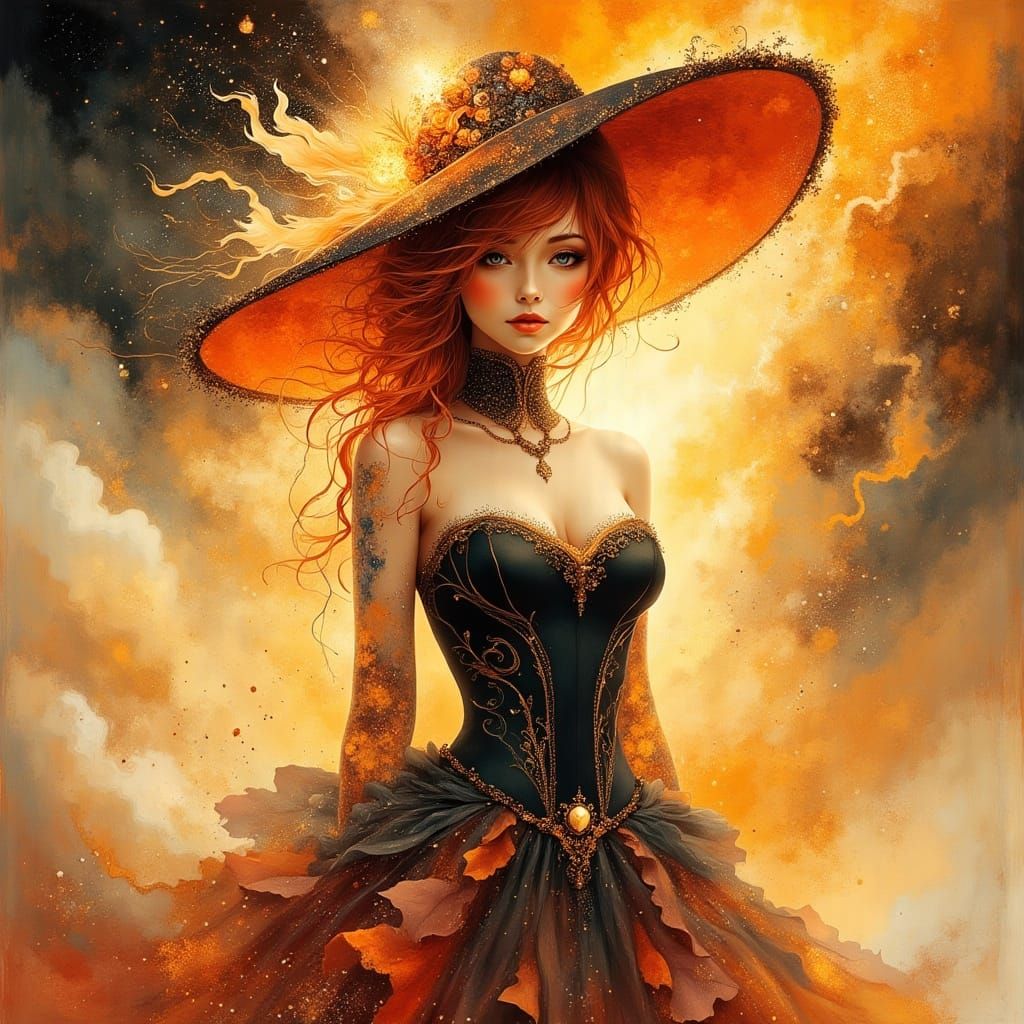 Elegant Lady in Futuristic Anime Style with Fiery Hair