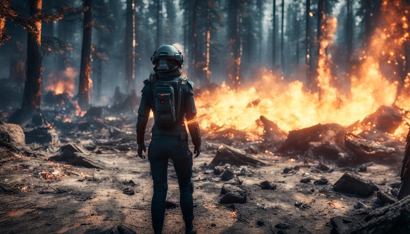 Female Villain in Forest Fire, Hyper Realistic Rendering