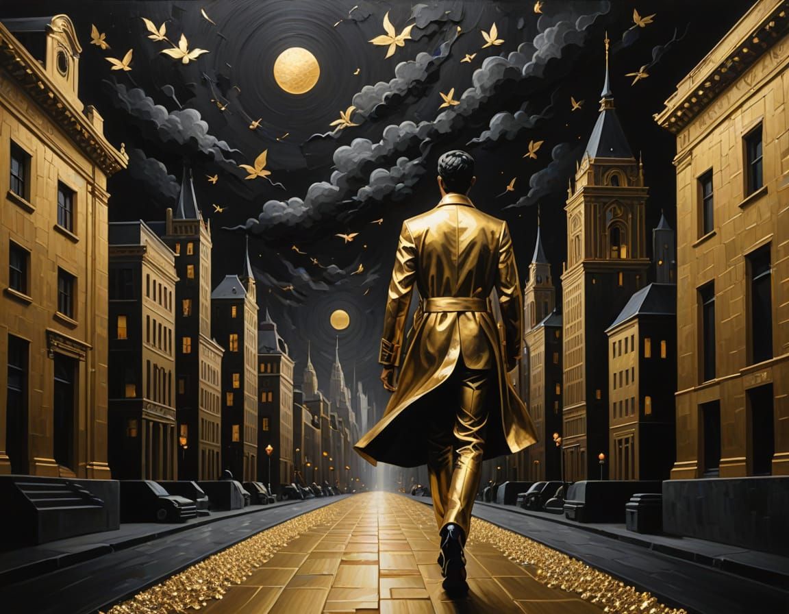 Figure in Gold Accented Cityscape at Night