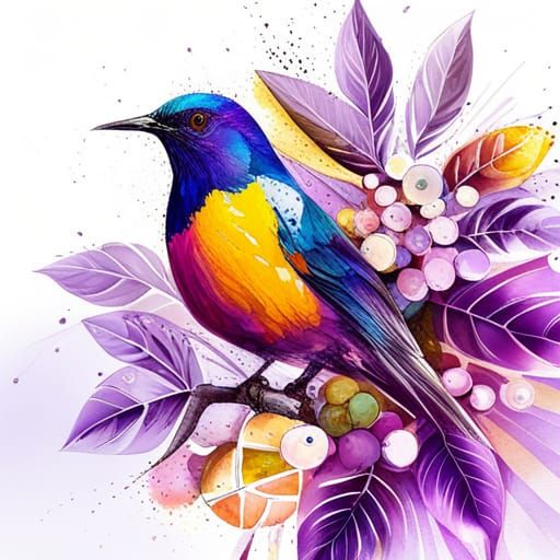 Geometric Purple Bird with Lemons in Watercolor