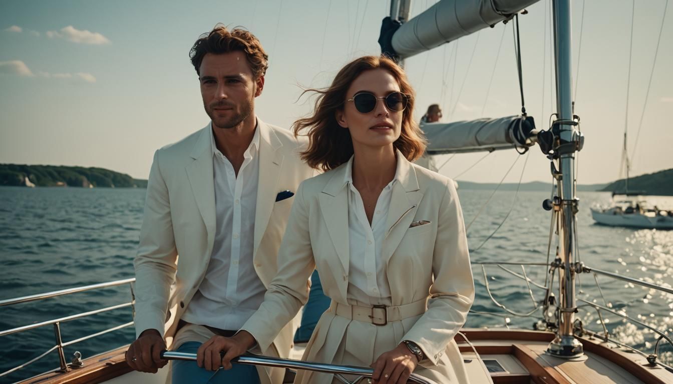 Elegant Couple Sailing on Yacht in Cinematic Style