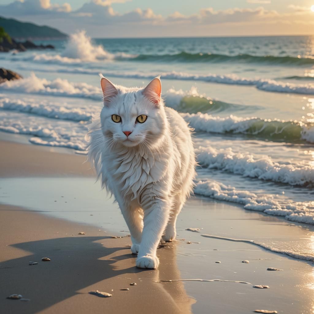 Luxurious White Cat on Beach in Anime Style