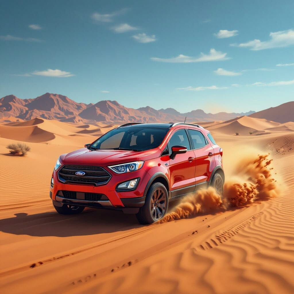 Red Ford Ecosport Drifting in Desert Landscape