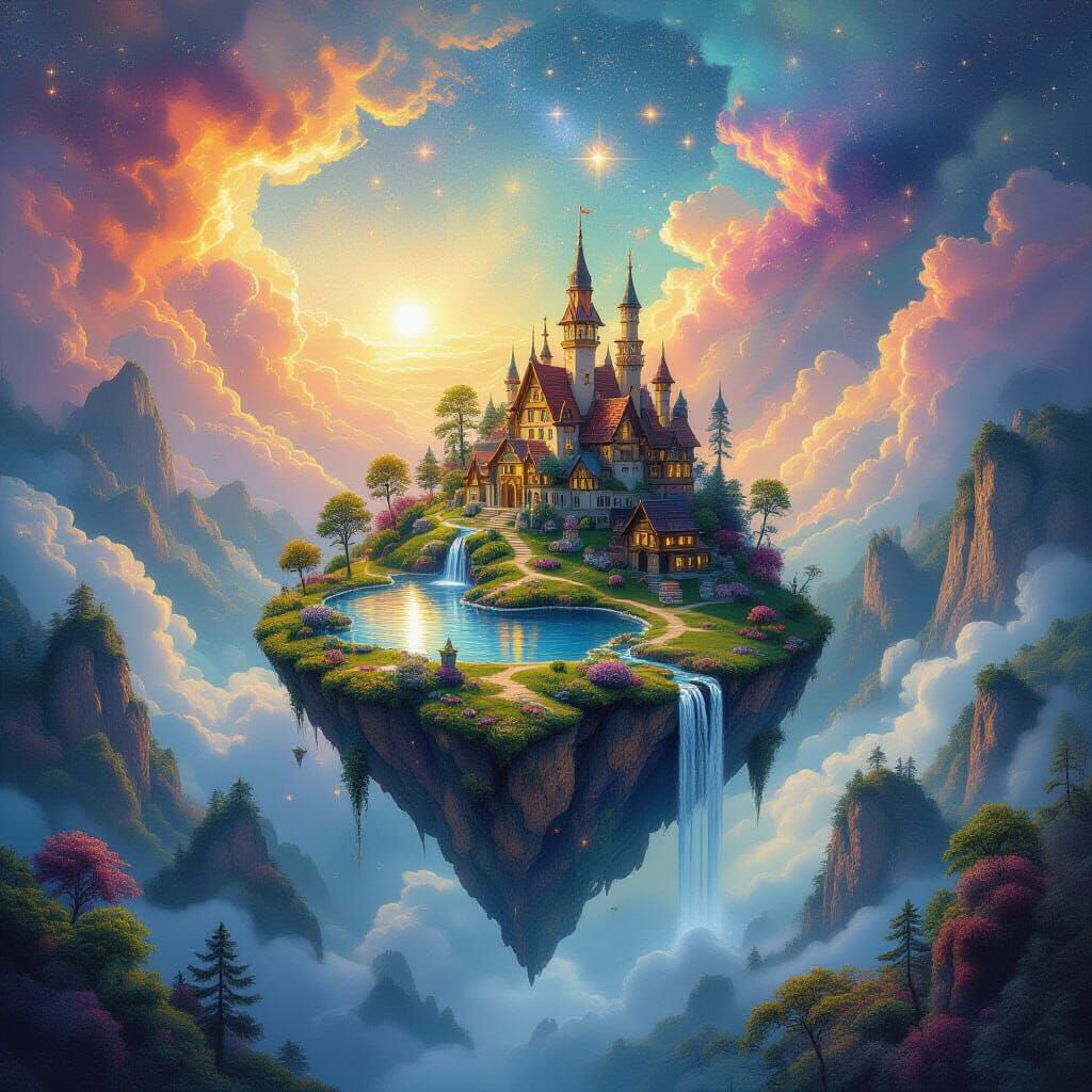 Serene Floating Island Amidst Swirling Nebulae