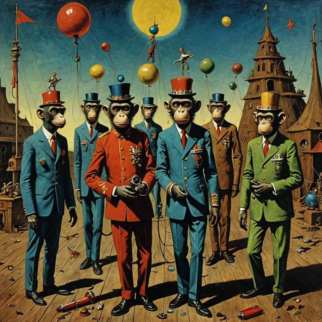 Surreal Monkey Circus Drill in Max Ernst Style