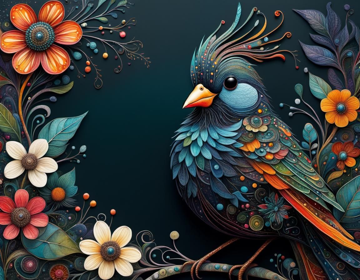 Whimsical Bird in Decorated Foliage: Detailed Digital Art