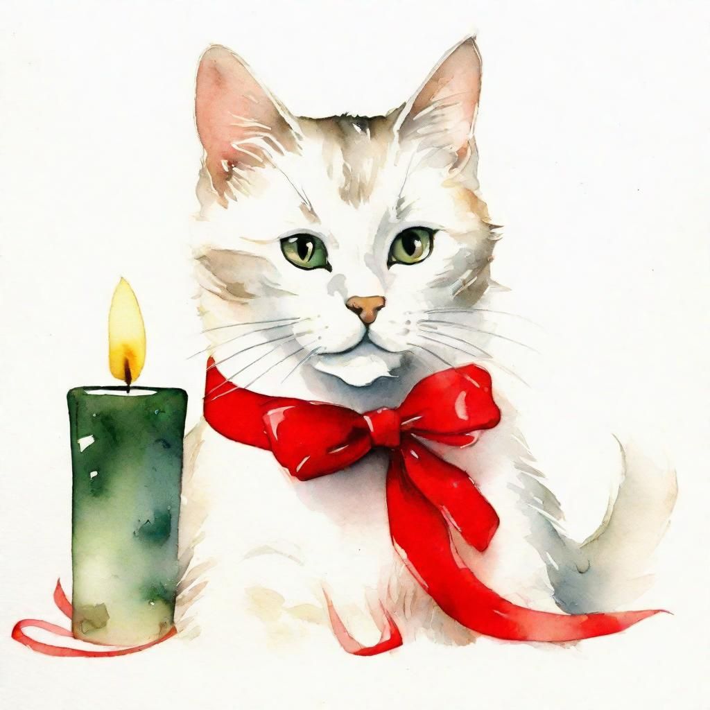 Vintage Christmas Card with Cat Watercolor Illustration