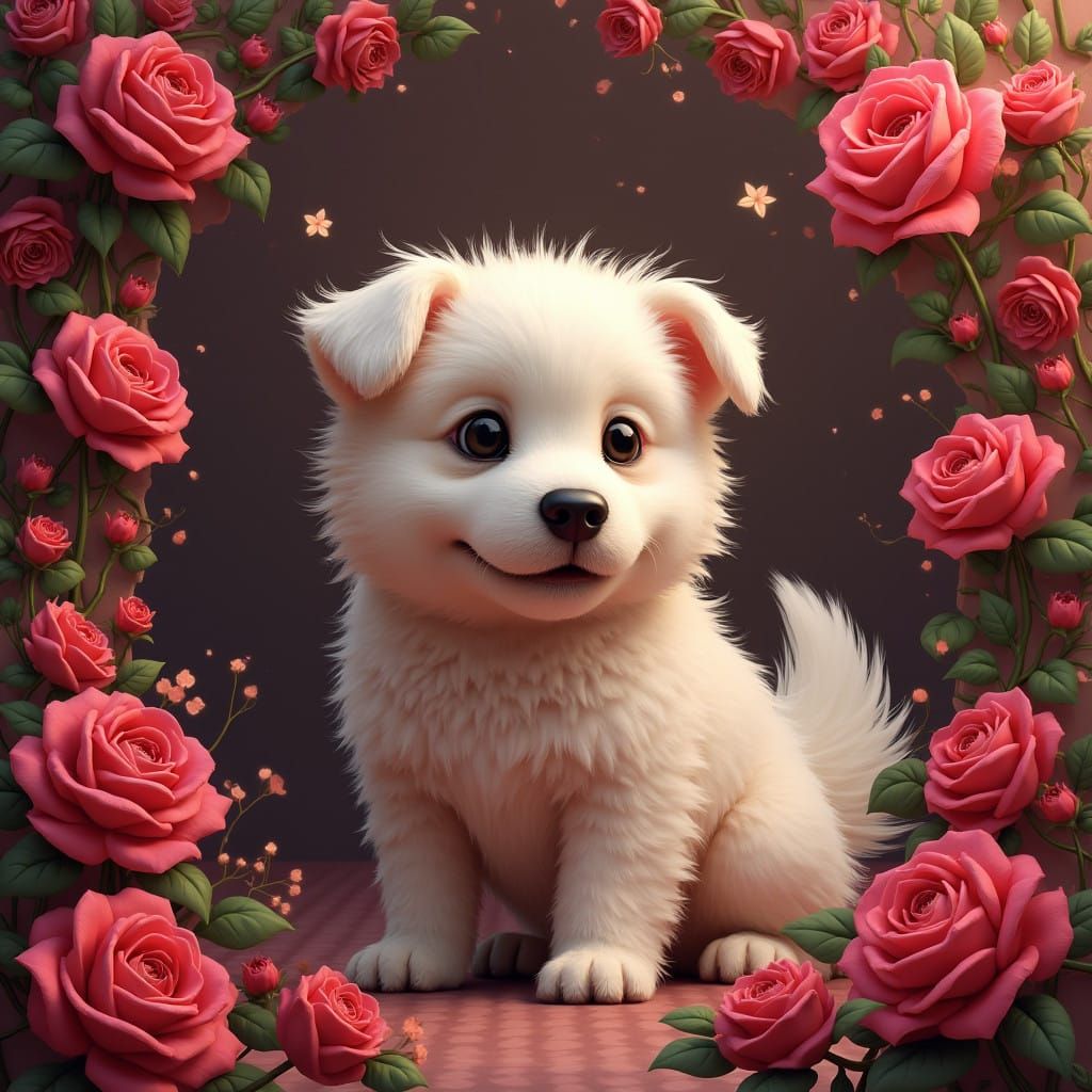 Dreamlike Whimsy: Fluffy Dog in Vibrant Rose Garden
