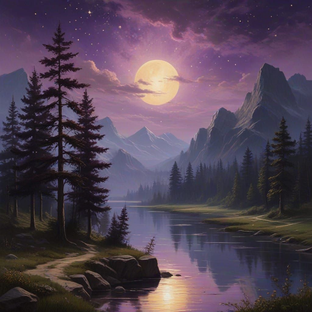 Realistic Romantic-Era Landscape with Deep Purple Sky and Go...