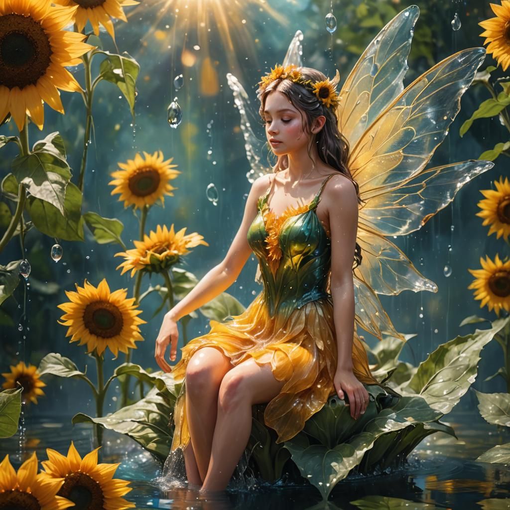 Fairy on Sunflower in Splash Art Style