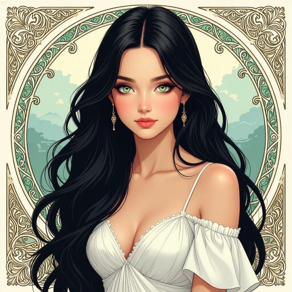 Elegant Girl with Black Hair in Mucha Style