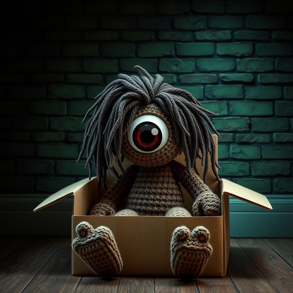 Cute but Creepy Knitted Monster Sits in Cardboard Box