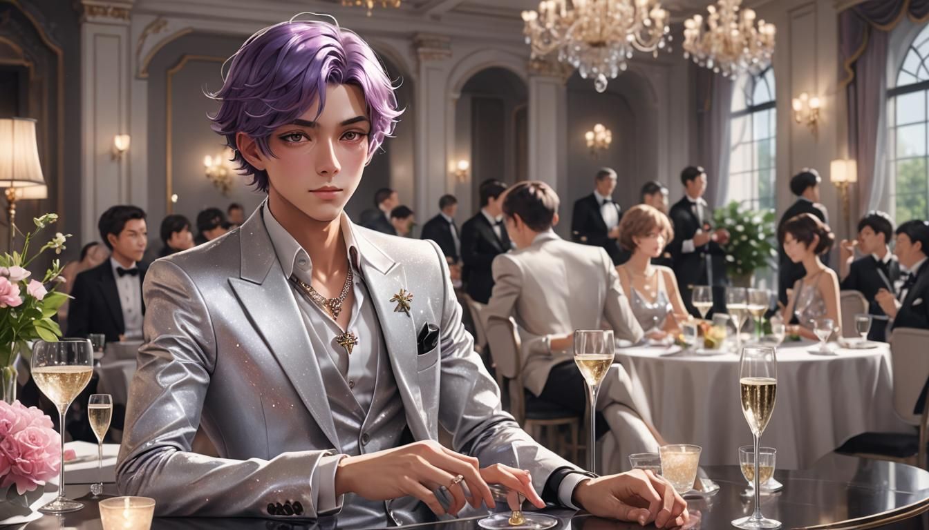 Anime Boy in Diamond Outfit Drinking Champagne