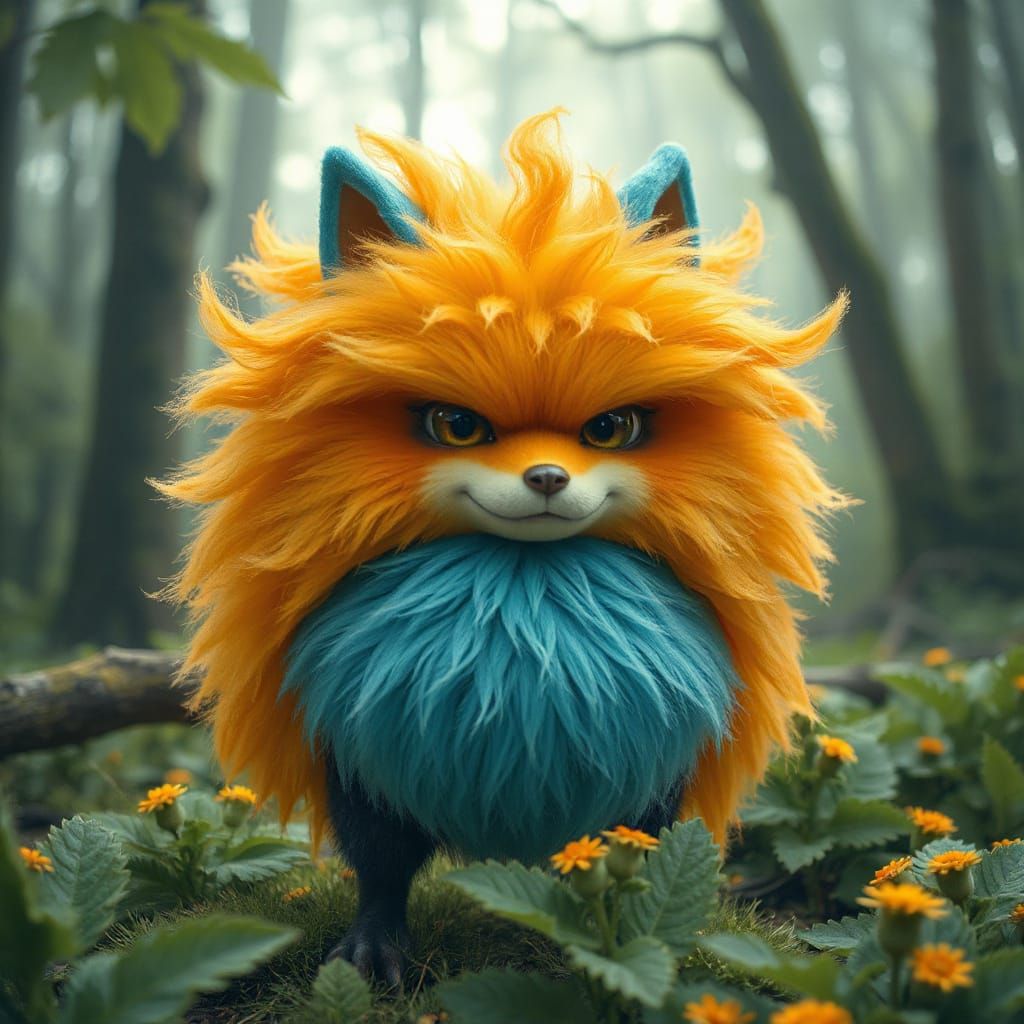 Fierce Pom Pom Creature in Lush Forest, Painterly Style