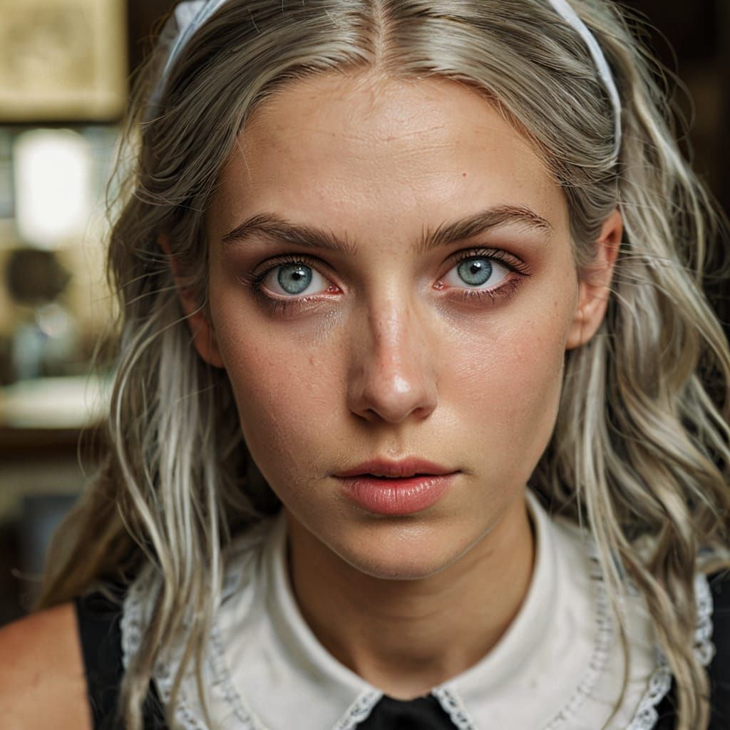 Elegant Young Woman in French Maid Outfit Captured in Hyper-...