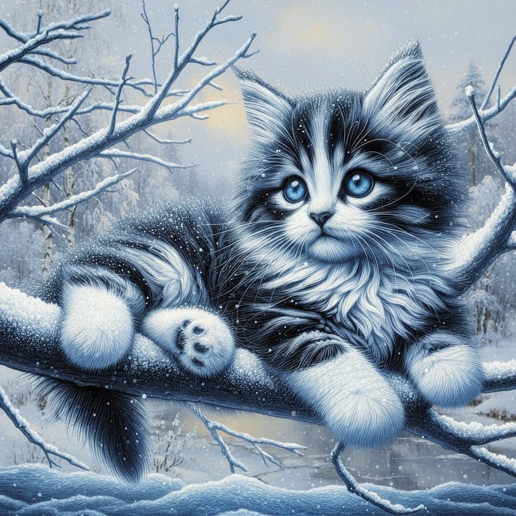 Cute Kitten in Snowy Landscape